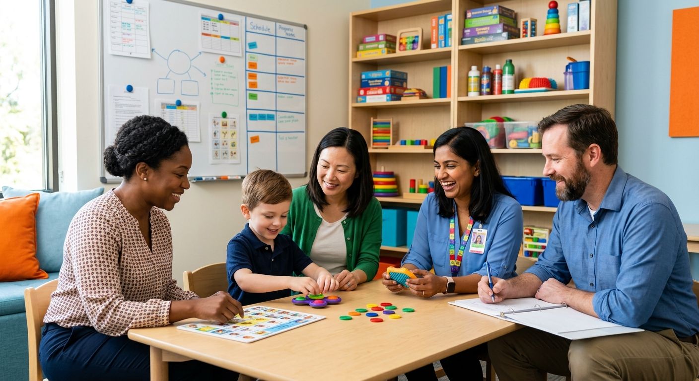 Four icons representing BCBA, SLP, OT, PT roles on an autism multidisciplinary team